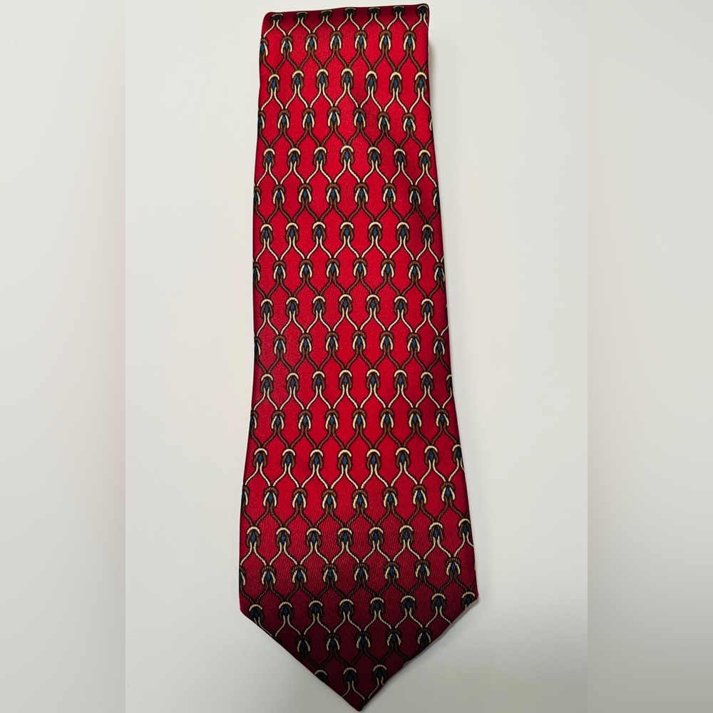 HERMES VINTAGE SILK ROPE &RINGS TIE GRIDS SQUARE BUCKLE RIDING FRANCE RED